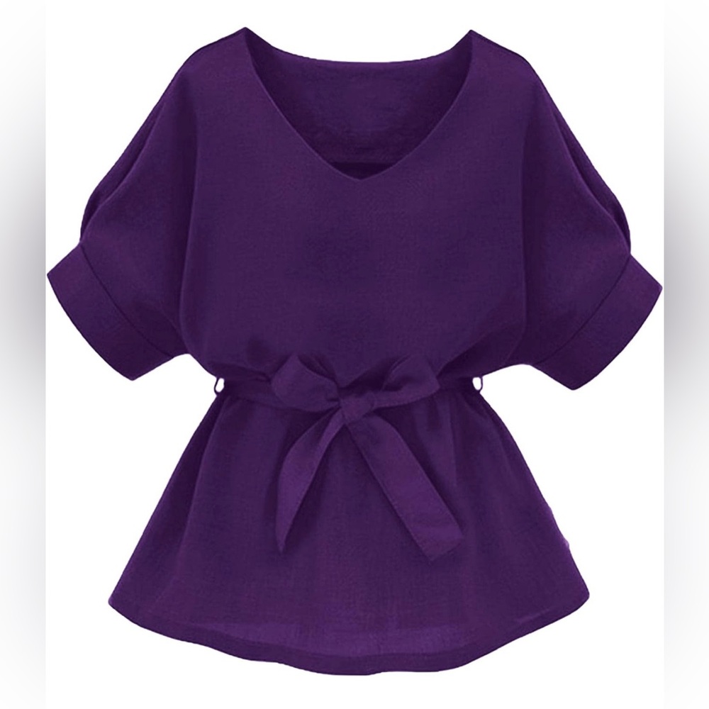 Milumia Casual V Neckline Self Tie Short Sleeve Blouse